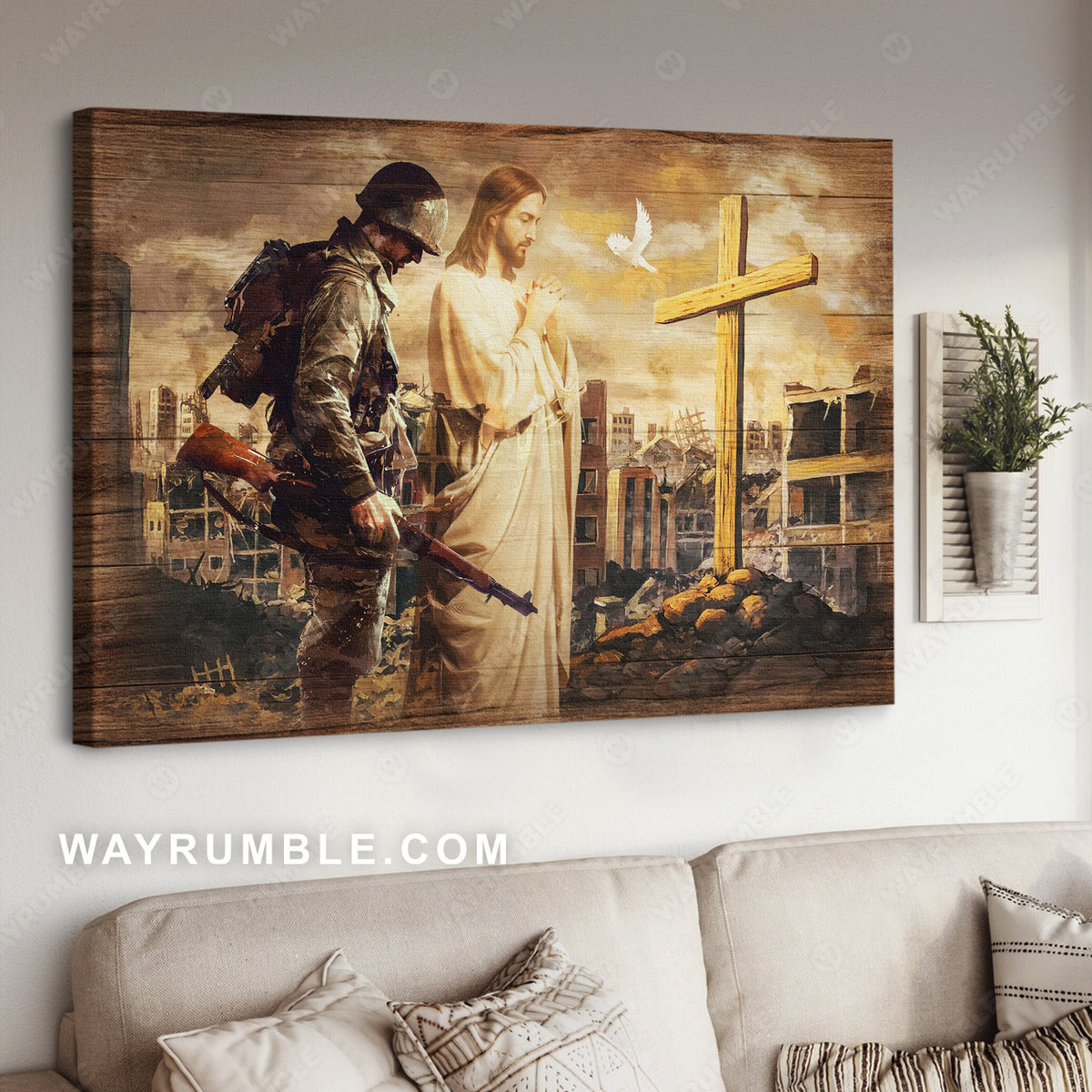 Brave soldier, Jesus praying, City in war, Wooden cross - Jesus Landscape Canvas Prints, Christian Wall Art