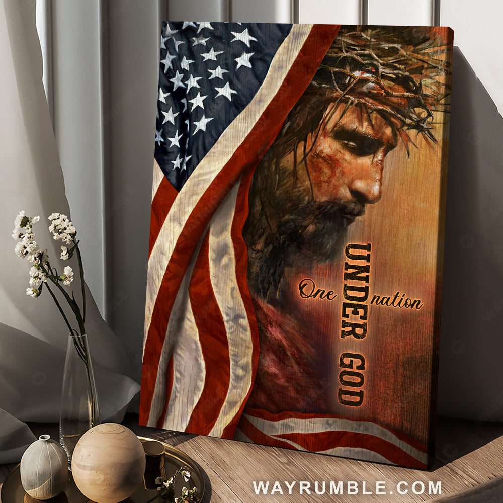 The face of Jesus, US flag drawing, Crown, One nation under God - Jesus Portrait Canvas Prints, Christian Wall Art