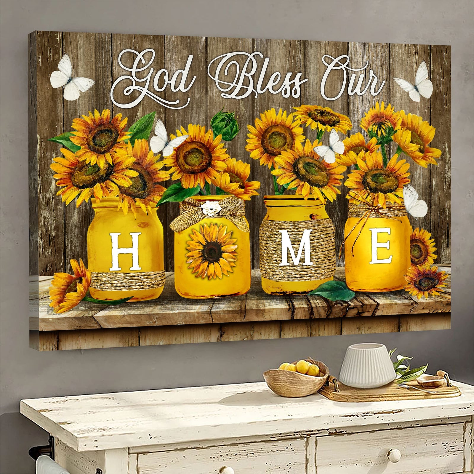 Dark yellow sunflower, Butterfly painting, God bless our home - Jesus Landscape Canvas Prints, Wall Art