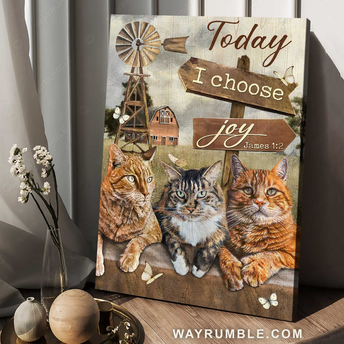 Angry cat, Green farm, Wooden sign, Windmill, Today I choose joy - Jesus Portrait Canvas Prints, Christian Wall Art