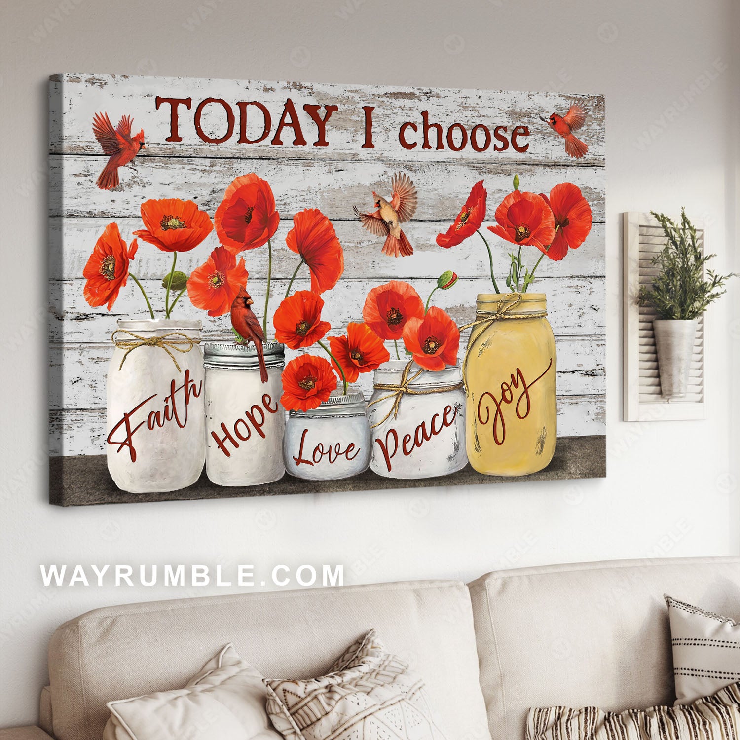 Red anemone, Red cardinals, Mason jar flowers, Today I choose love - Jesus Landscape Canvas Prints, Christian Wall Art