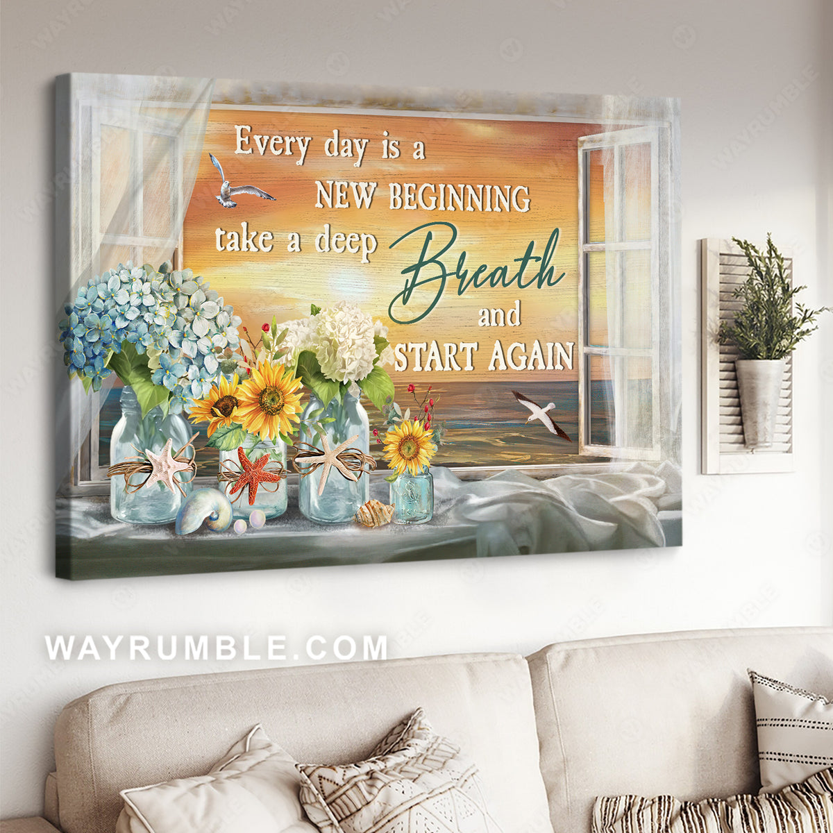 Cute flower vase, Pretty sunset, Seagull, Every day is a new beginning - Jesus Landscape Canvas Prints, Christian Wall Art