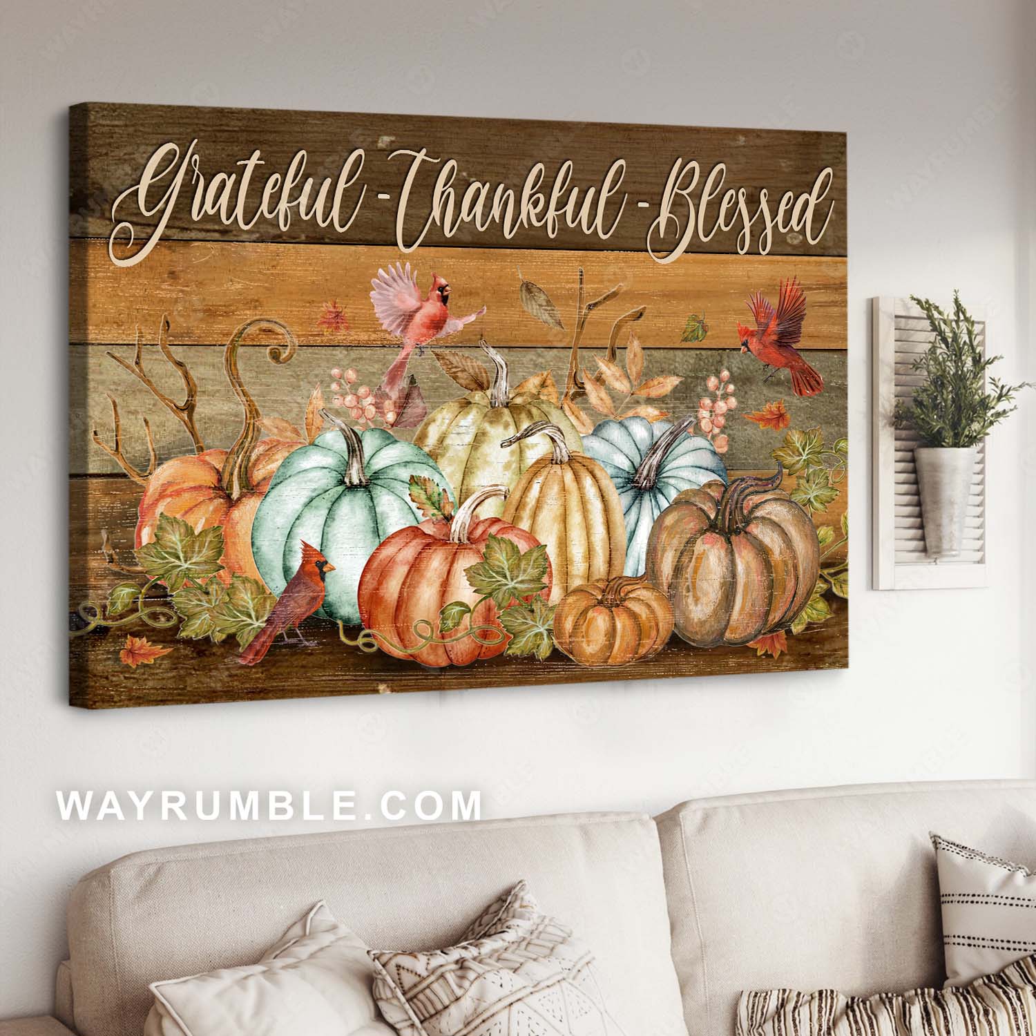 Colorful pumpkin, Watercolor cardinal, Grateful, Thankful, Blessed - Jesus Landscape Canvas Prints, Home Decor Wall Art