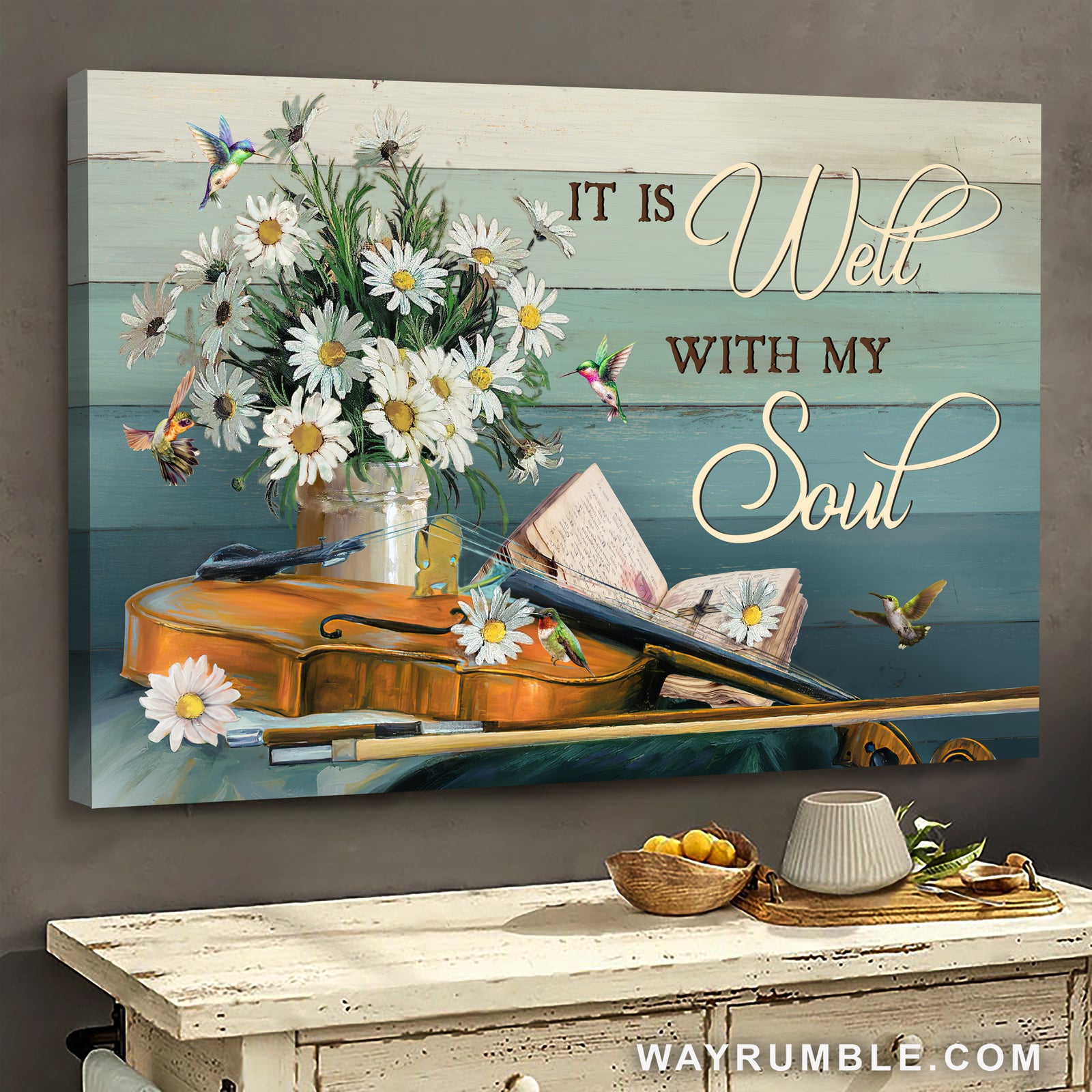 Violin, Daisy Flower Vase, Hummingbird, It is well with my soul - Jesus Landscape Canvas Prints, Wall Art