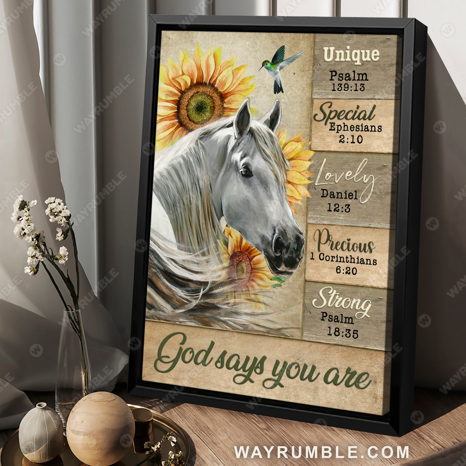 White horse drawing, Sunflower farm, Hummingbird, God says you are unique - Jesus Portrait Canvas Prints, Christian Wall Art