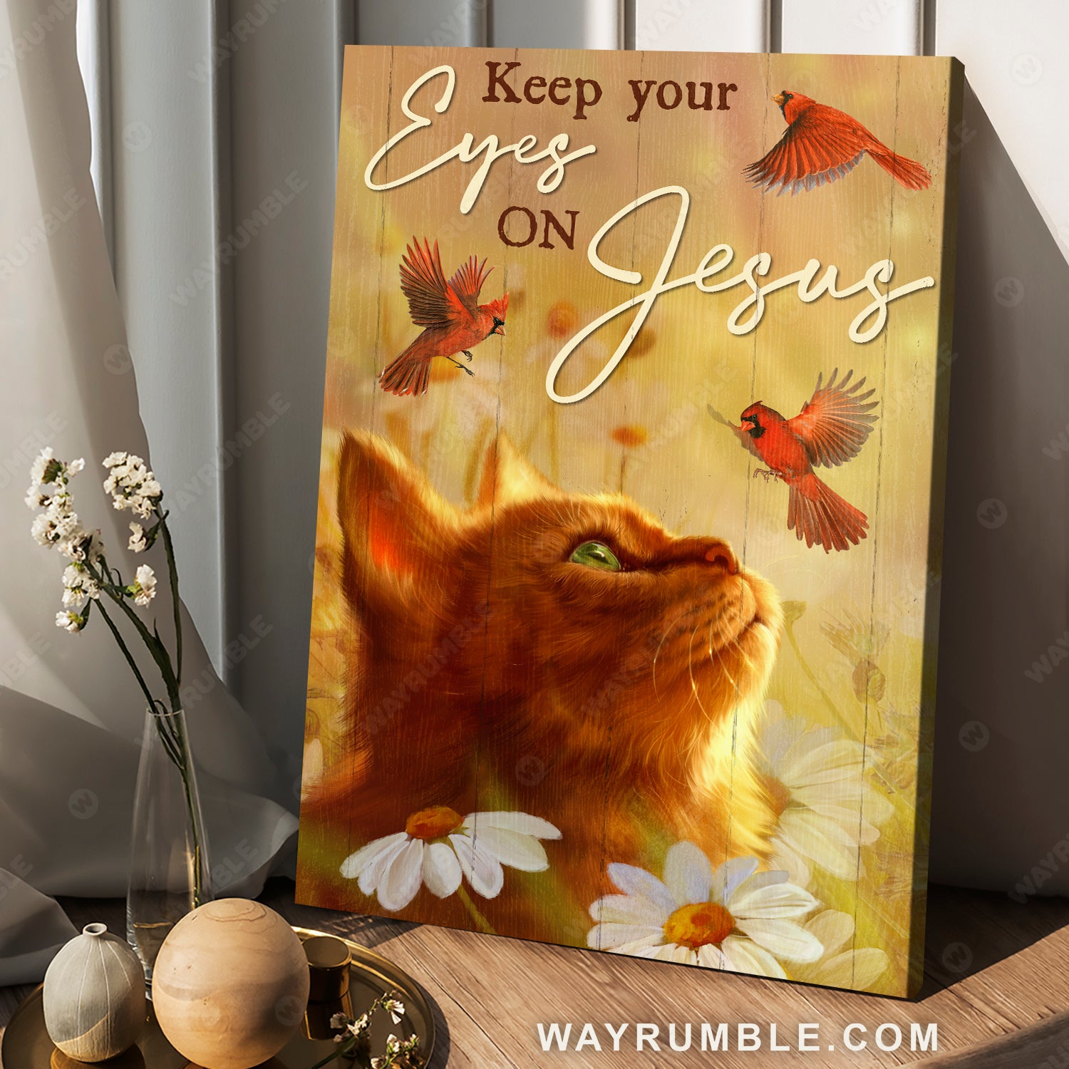 Cute cat, Cardinal birds, Keep your eyes on Jesus- Jesus Portrait Canvas Prints, Christian Wall Art