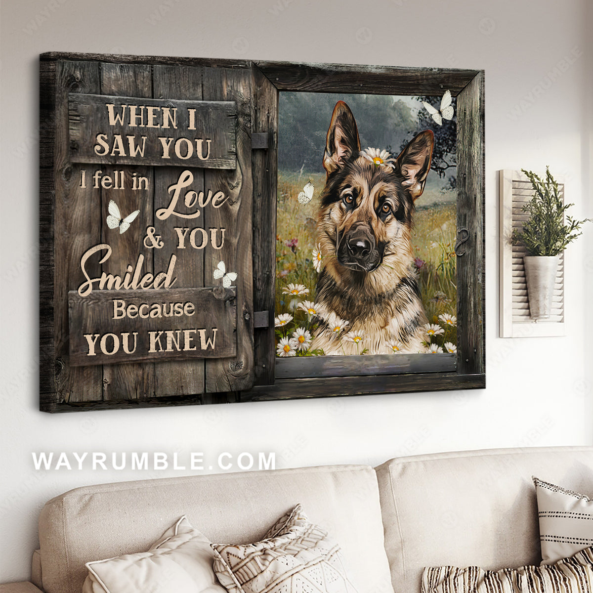 Beautiful German Shepherd, Daisy field, When I saw you, I fell in love - Jesus Landscape Canvas Prints, Christian Wall Art