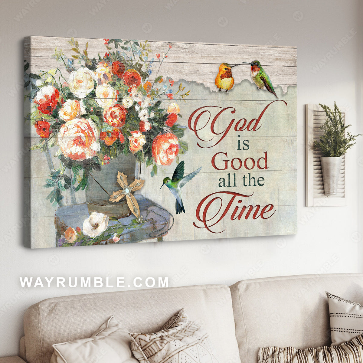 Orange garden rose, Colorful hummingbird, Beautiful cross, God is good all the time - Jesus Landscape Canvas Prints, Wall Art