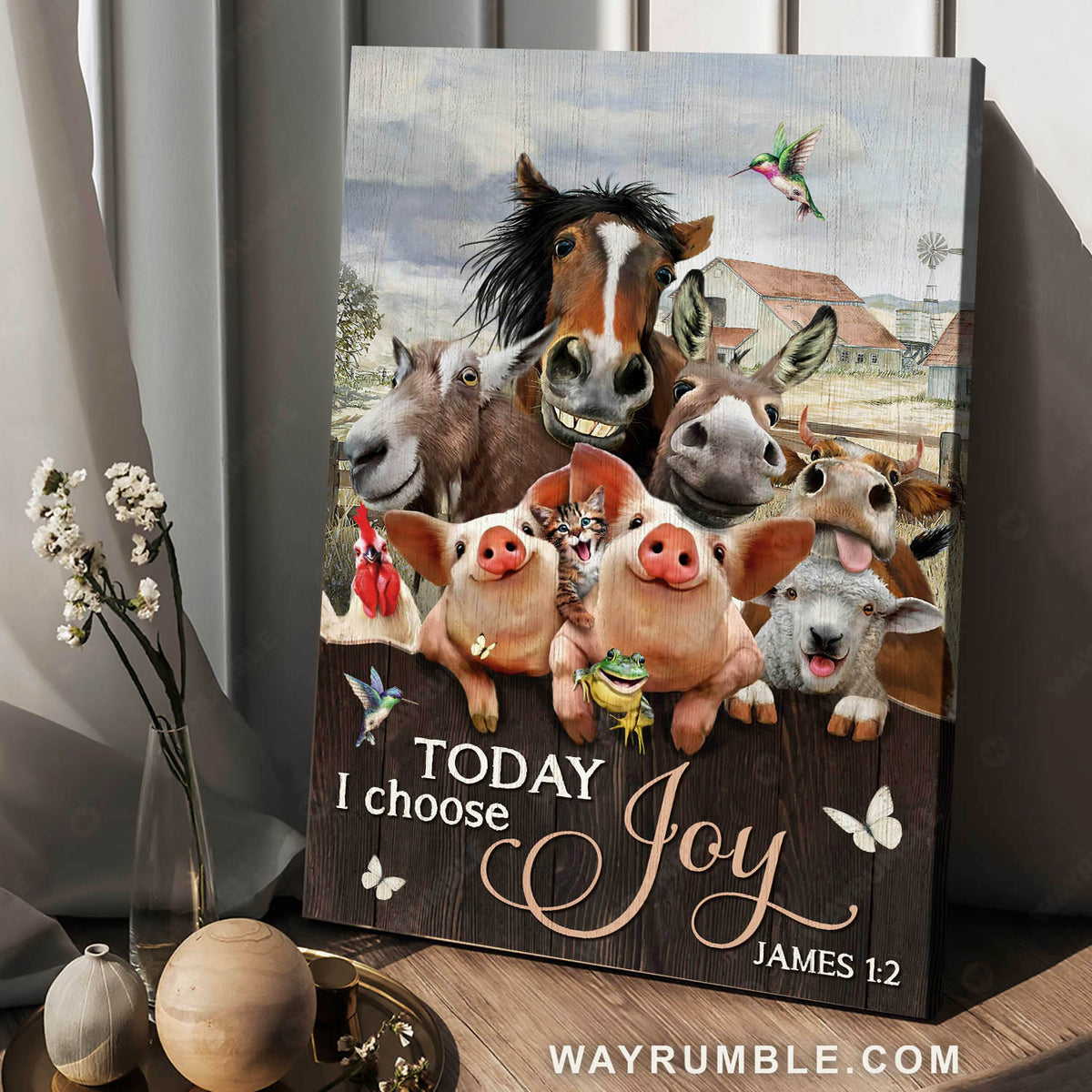 Animal painting, Happy farm, Hummingbird, Today I choose joy - Jesus Portrait Canvas Prints, Christian Wall Art