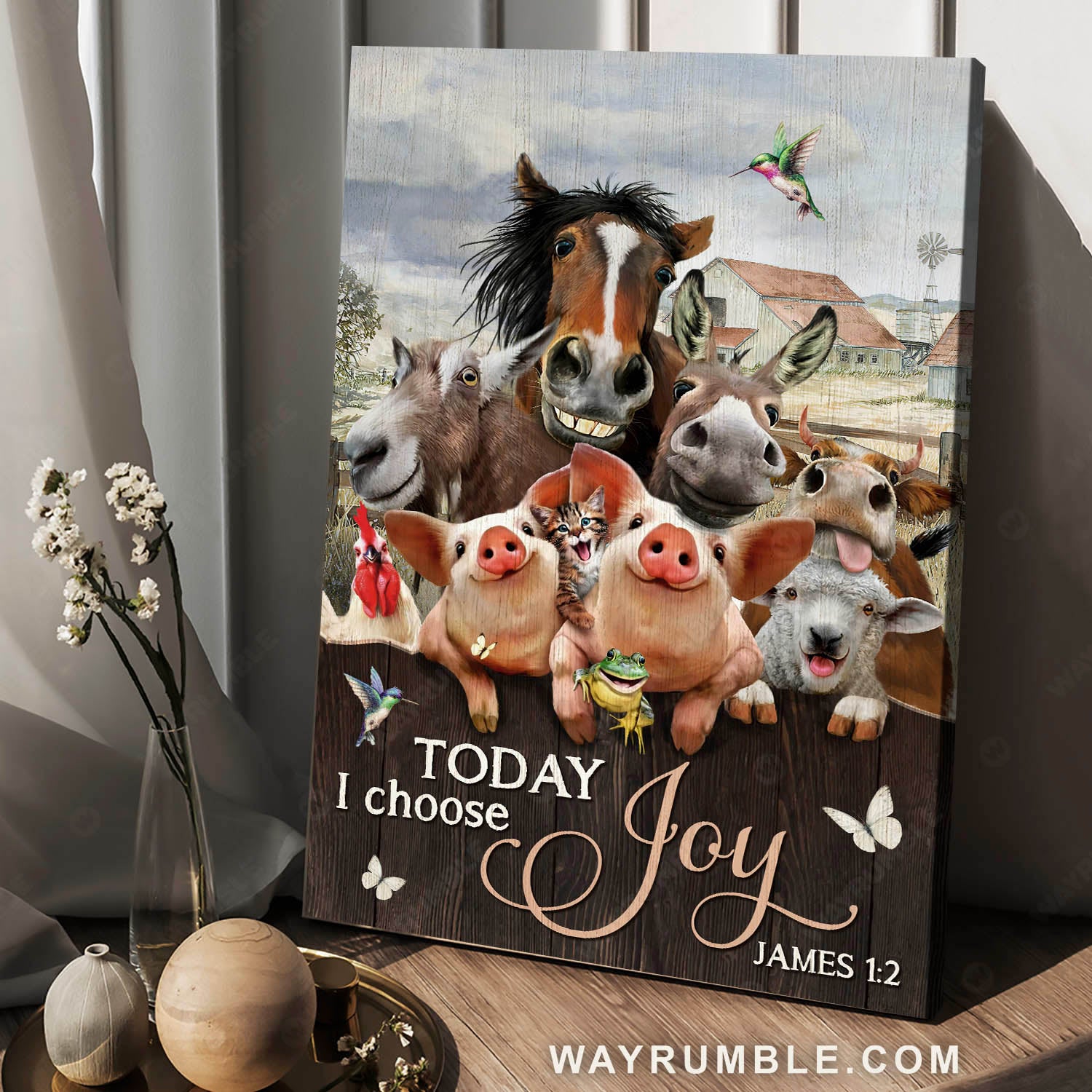 Animal painting, Happy farm, Hummingbird, Today I choose joy - Jesus Portrait Canvas Prints, Christian Wall Art