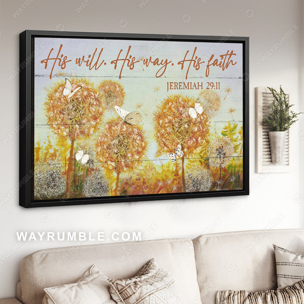 Yellow dandelion field, White butterfly, His will, His way, His faith - Jesus Landscape Canvas Prints, Christian Wall Art