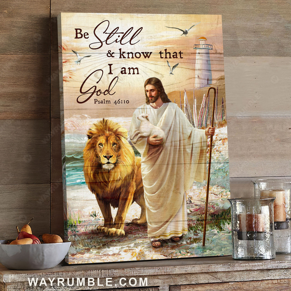 Jesus walking, Lion of Judah, Lighthouse painting, Be still and know that I am God - Jesus Portrait Canvas Prints, Christian Wall Art