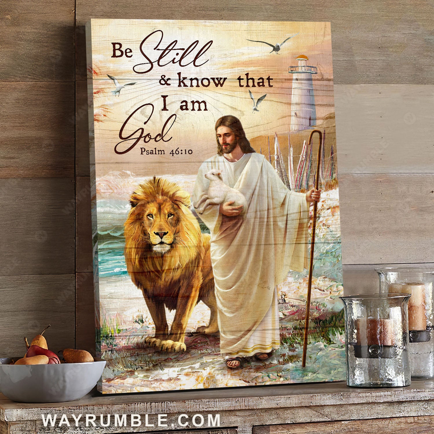 Jesus walking, Lion of Judah, Lighthouse painting, Be still and know that I am God - Jesus Portrait Canvas Prints, Christian Wall Art