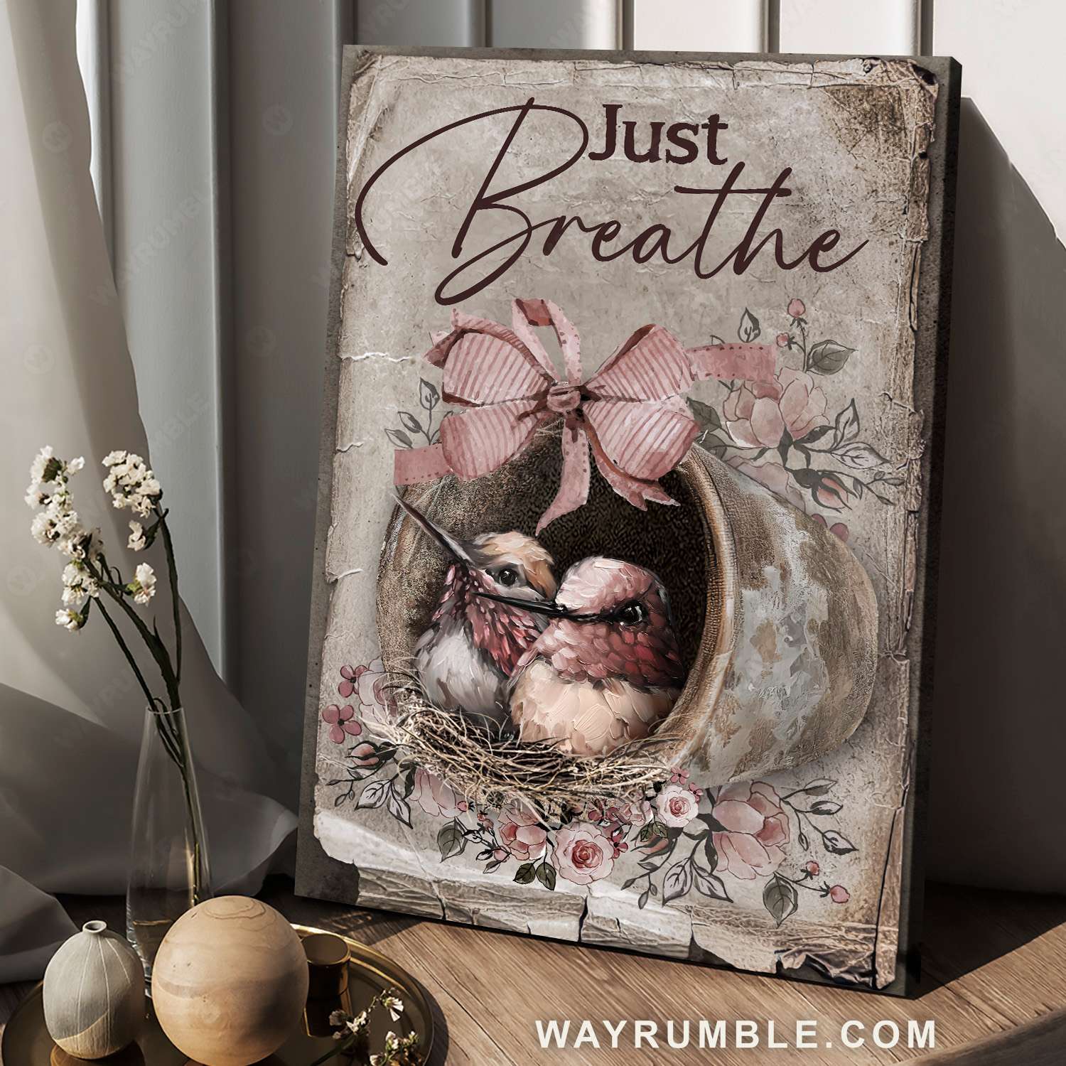 Baby hummingbird, Flower vase, Pink bow, Just breathe - Jesus Portrait Canvas Prints, Christian Wall Art