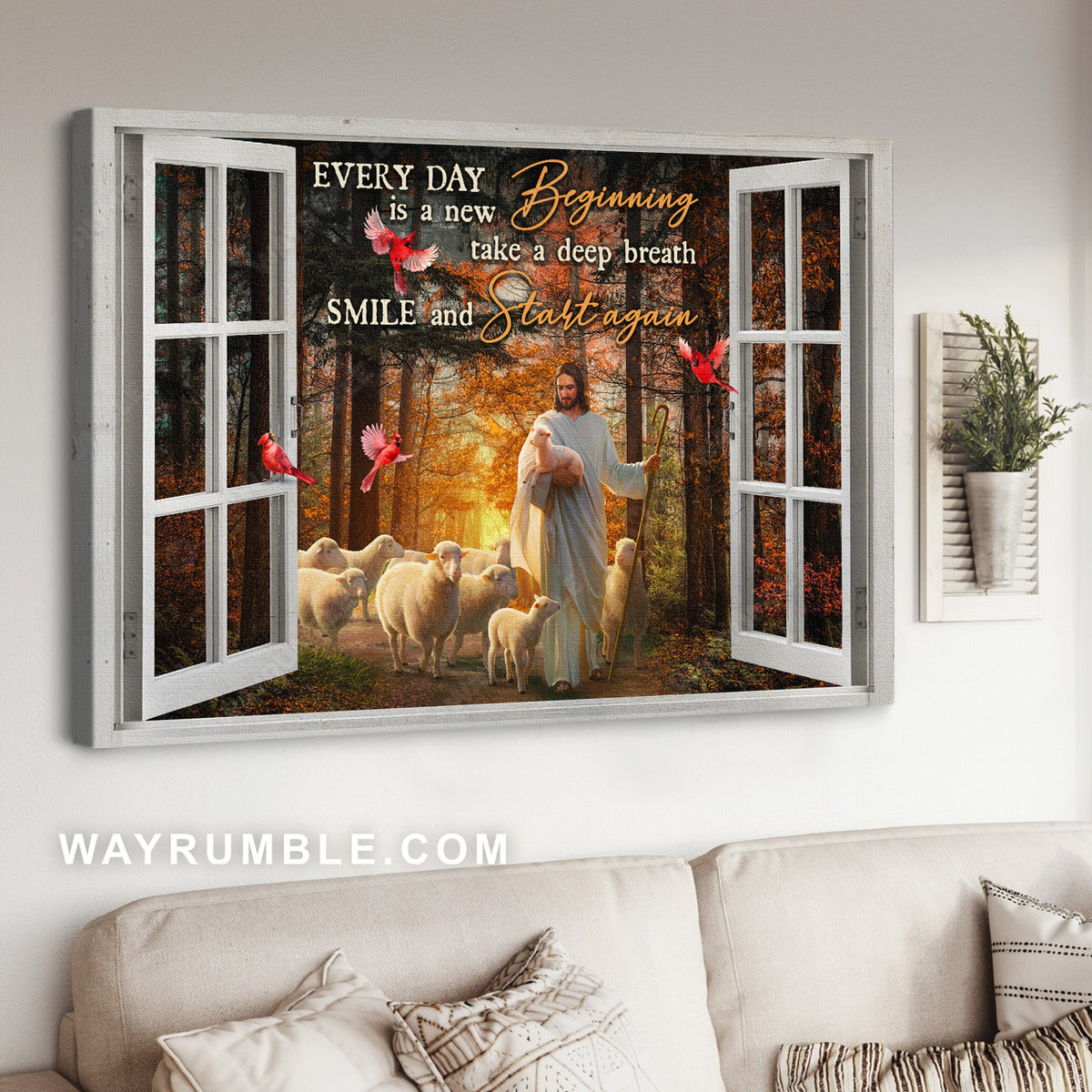 Jesus calls, Walking with Jesus, Animal of God, Every day is a new beginning - Jesus Landscape Canvas Prints, Christian Wall Art