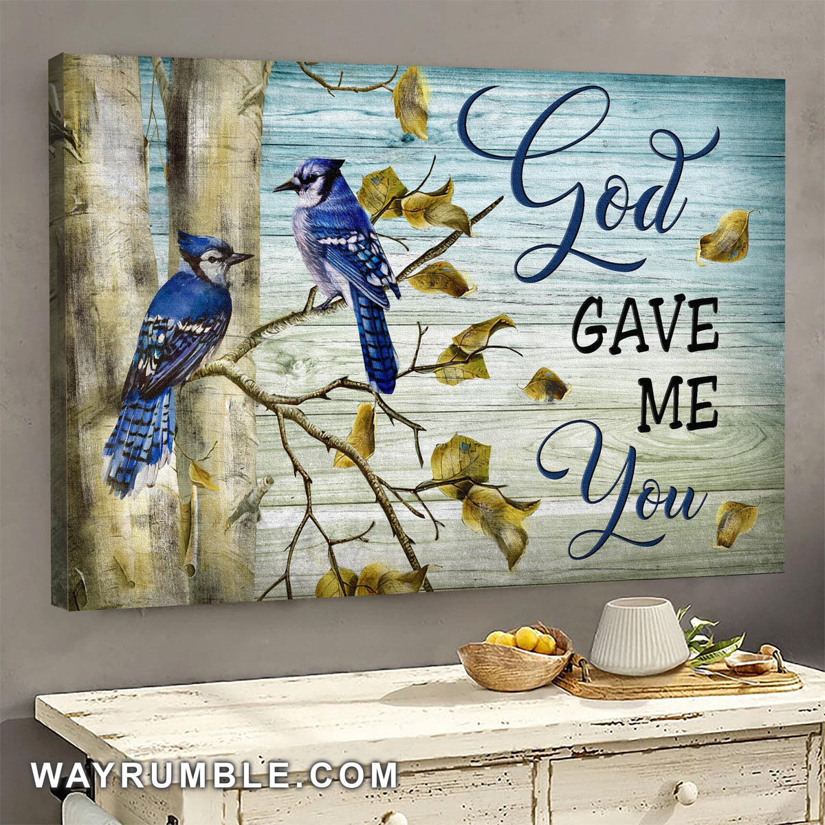 Blue Jay Couple, Autumn tree, God gave me you - Jesus Landscape Canvas Prints, Wall Art