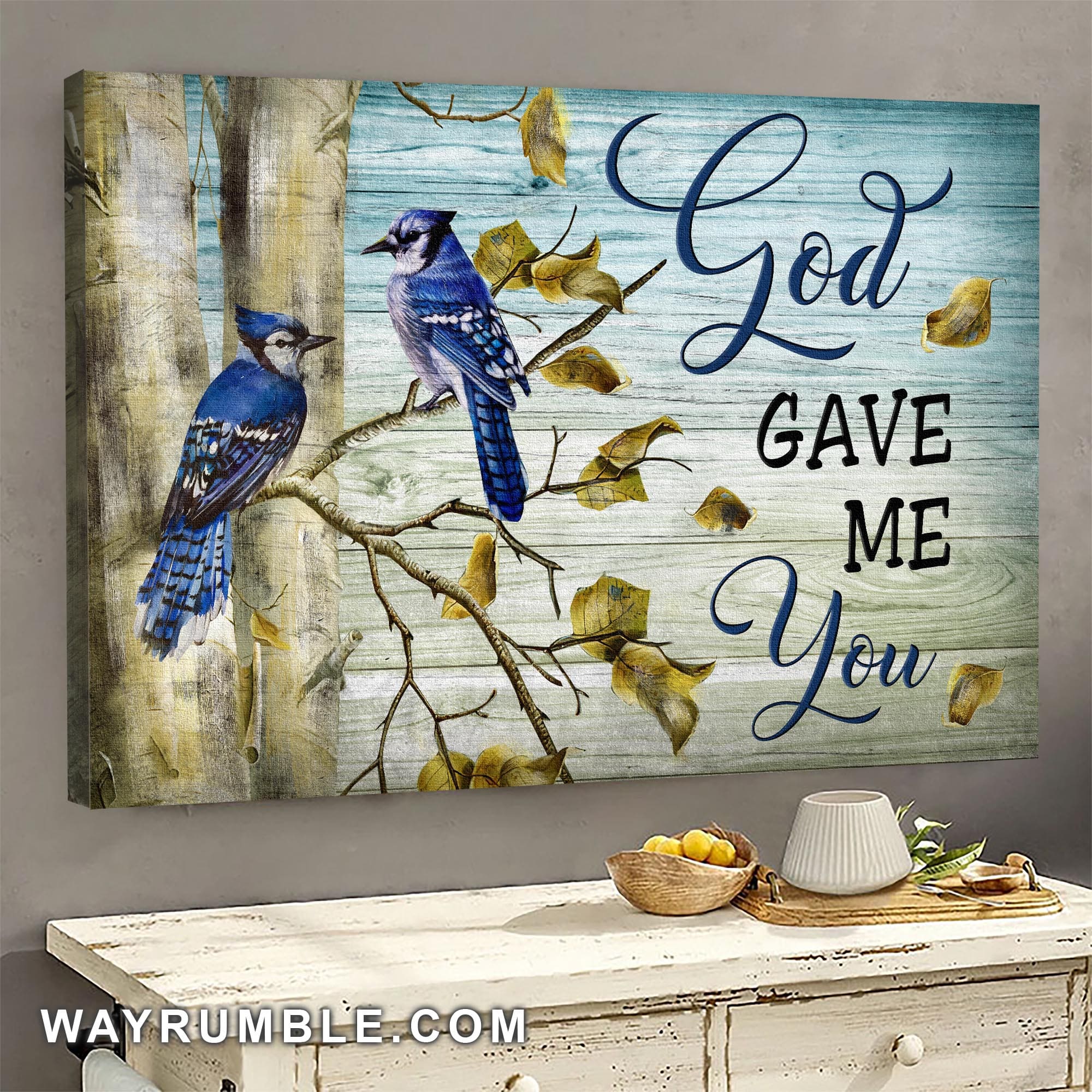 Blue Jay Couple, Autumn tree, God gave me you - Jesus Landscape Canvas Prints, Wall Art