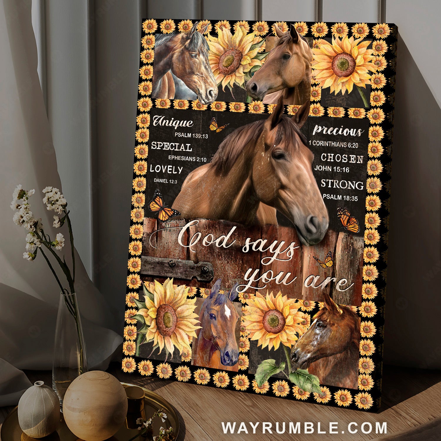 Stunning sunflower frame, Brown horse, God says you are unique - Jesus Portrait Canvas Prints, Home Decor Wall Art