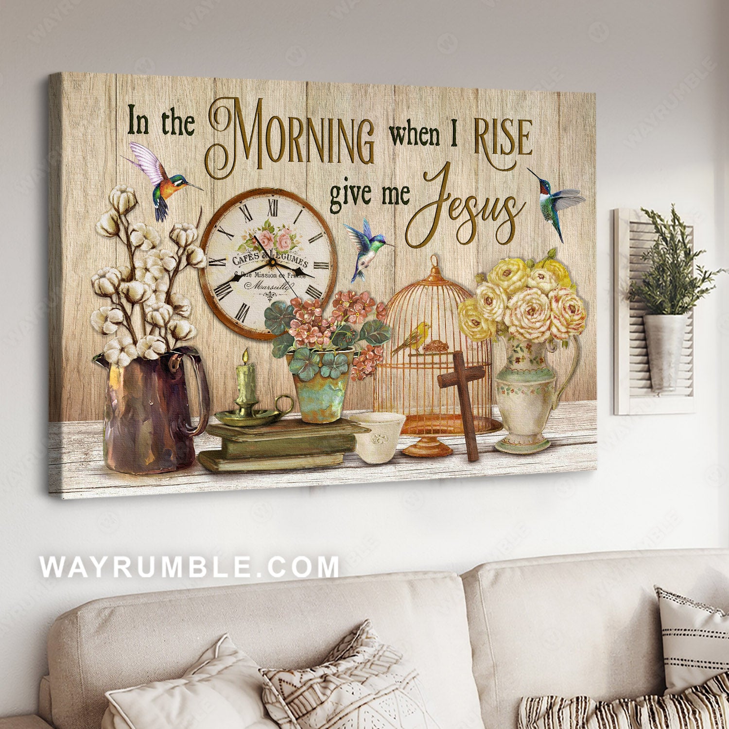 Vintage wall clock, Hummingbirds, Flower vases, In the morning give me Jesus- Jesus Landscape Canvas Prints, Christian Wall Art