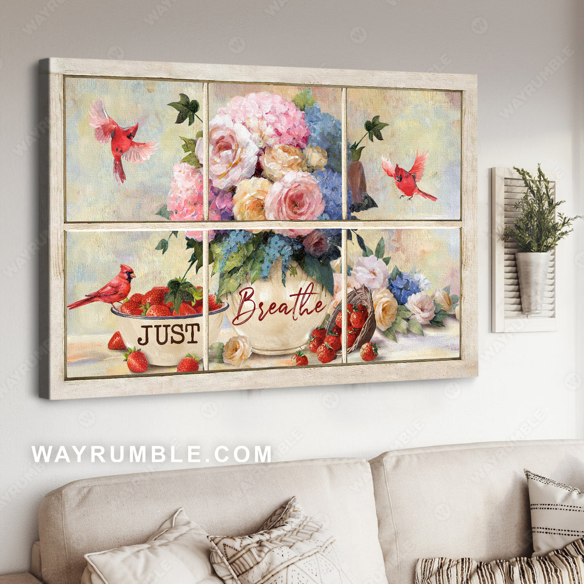 Pretty rose, Fresh strawberry, Red cardinal, Just breathe - Jesus Landscape Canvas Prints, Home Decor Wall Art