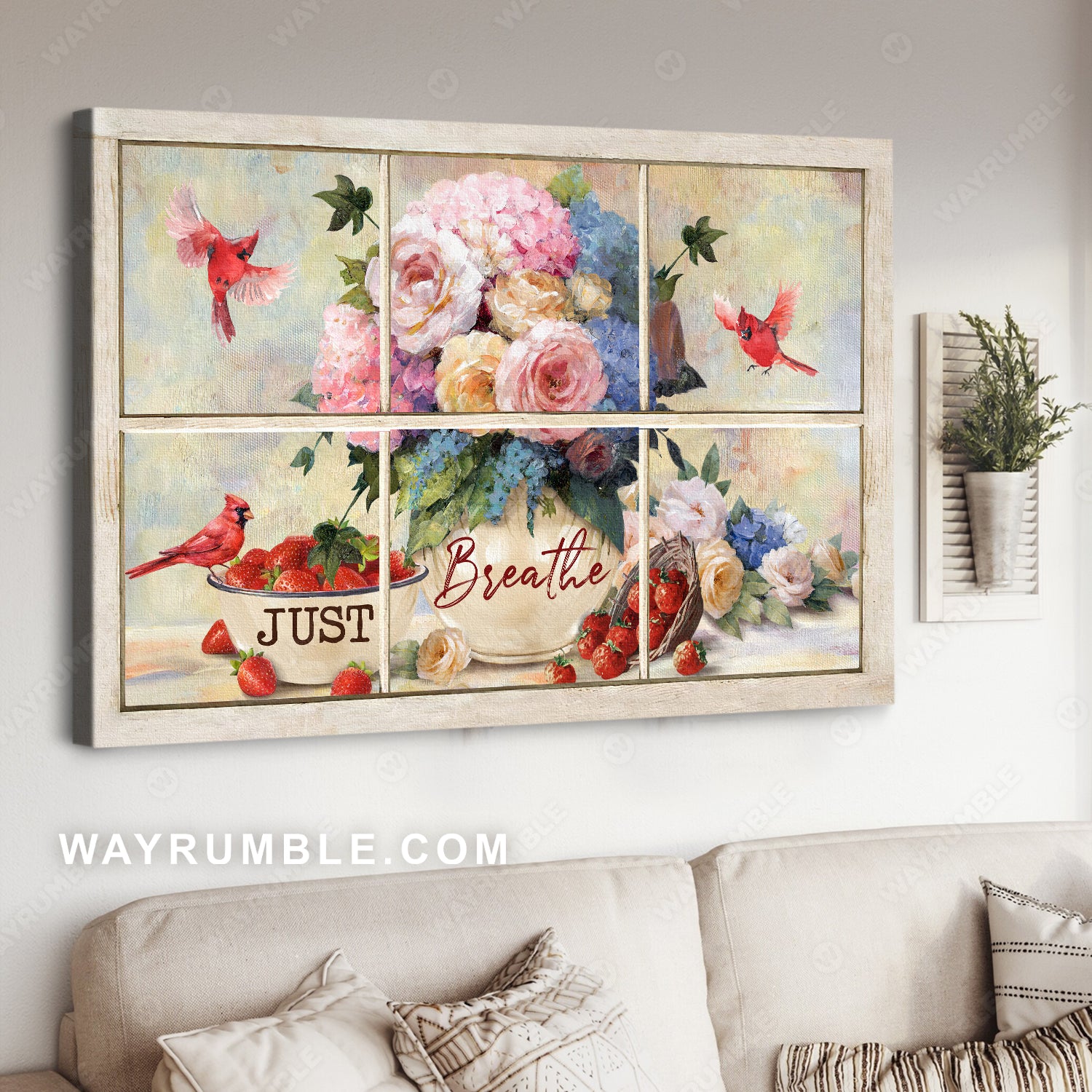 Pretty rose, Fresh strawberry, Red cardinal, Just breathe - Jesus Landscape Canvas Prints, Home Decor Wall Art