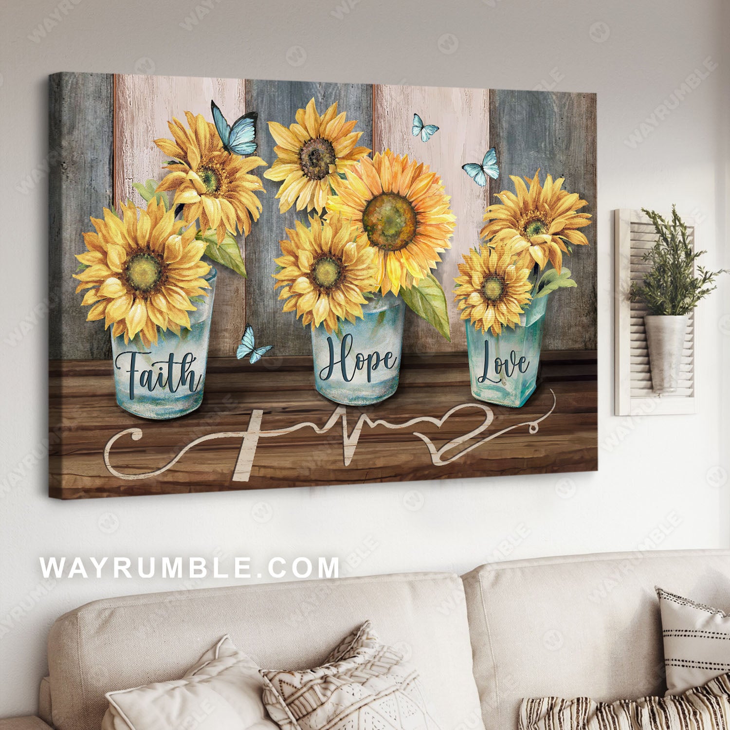Sunflowers painting, Faith hope and love, Wooden background - Jesus Portrait Canvas Prints, Christian Wall Art