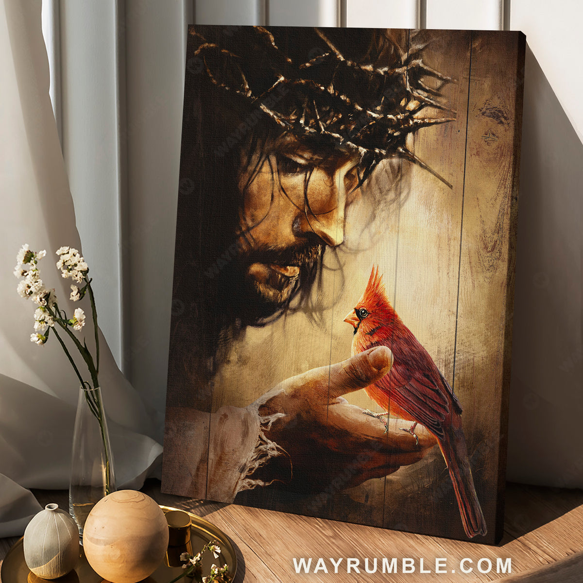 Jesus hand, Red cardinals, Thorn crown- Jesus Portrait Canvas Prints, Christian Wall Art