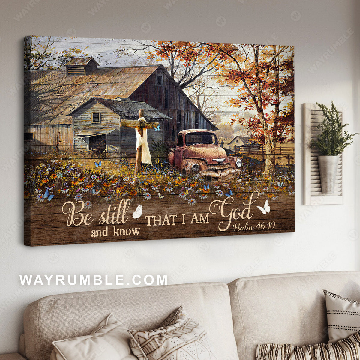 Wooden house, Antique ladybug car, Daisy field, Be still and know that I am God - Jesus Landscape Canvas Prints, Christian Wall Art