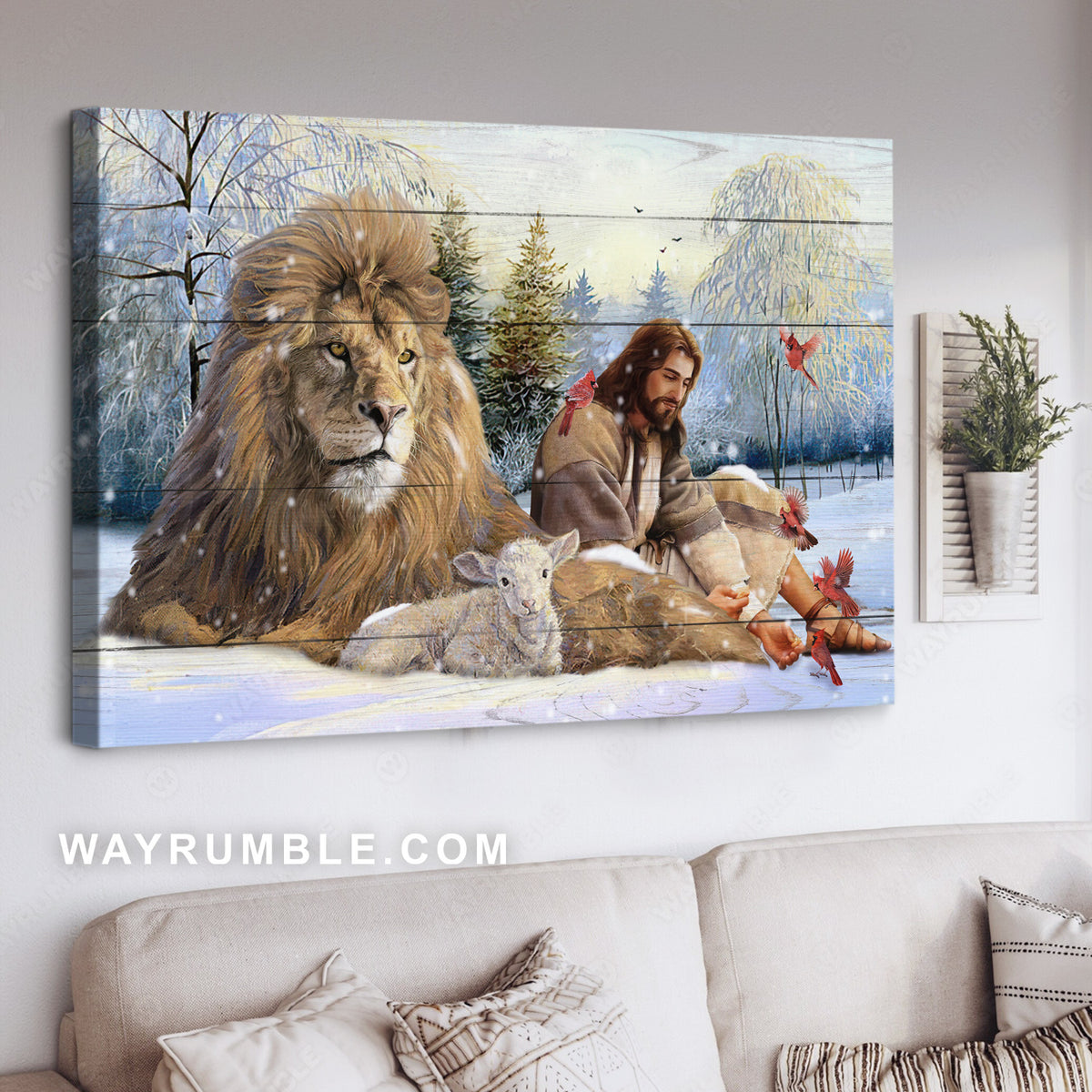 Pretty forest, Happy Jesus, Stunning lion of Judah, Winter painting - Jesus Landscape Canvas Prints, Home Decor Wall Art