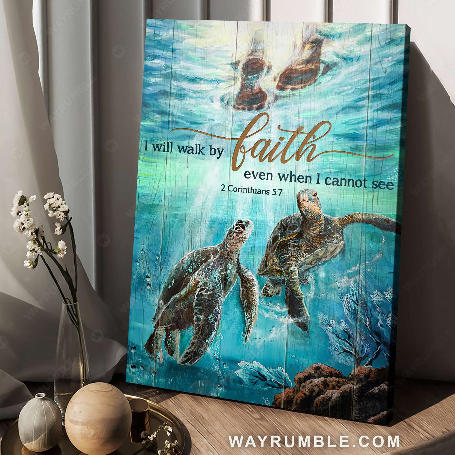 Turtle couple, Under the sea, I will walk by faith even when I cannot see - Jesus Portrait Canvas Prints, Christian Wall Art