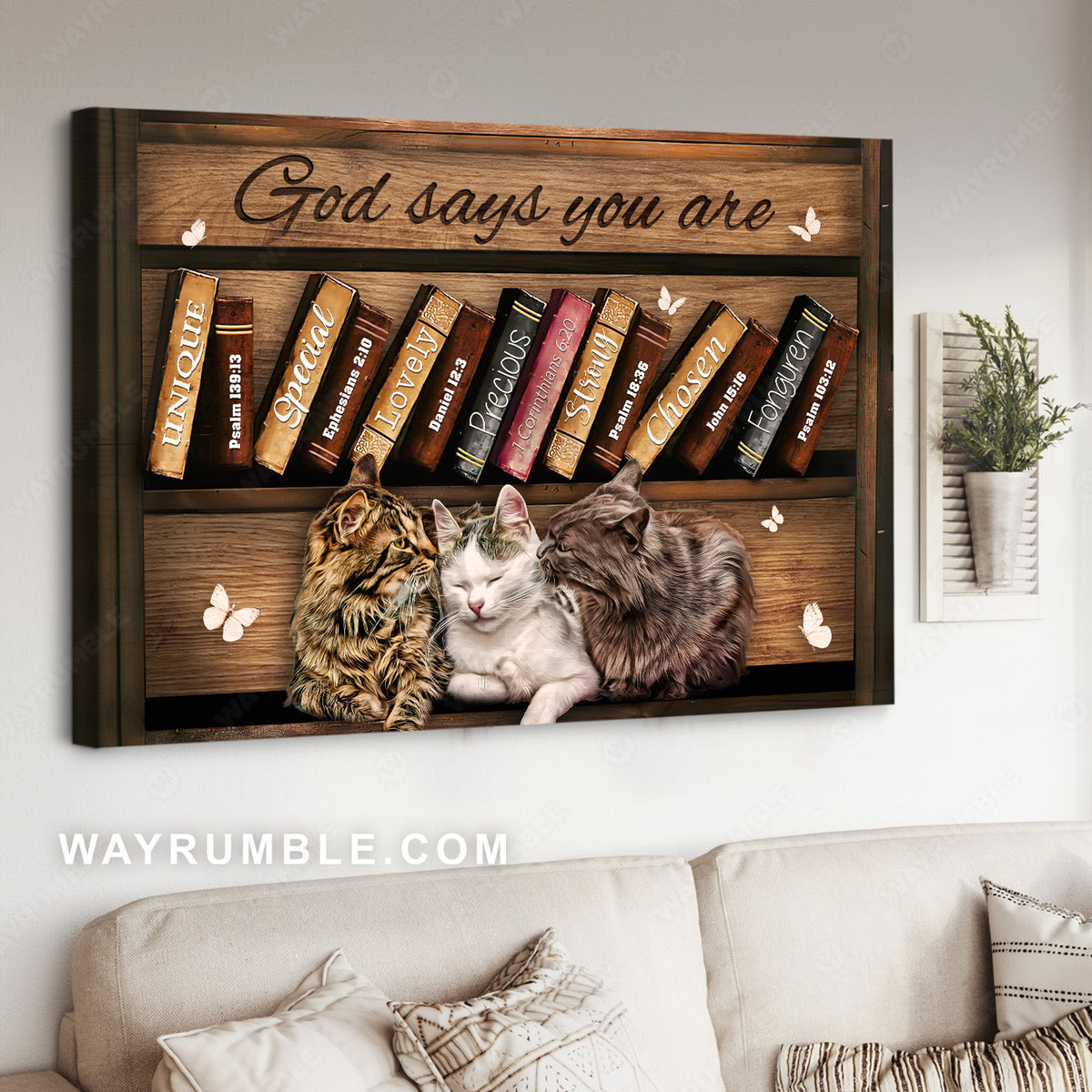Pretty cat, Antique books, White butterfly, God says you are unique - Jesus Landscape Canvas Prints, Home Decor Wall Art
