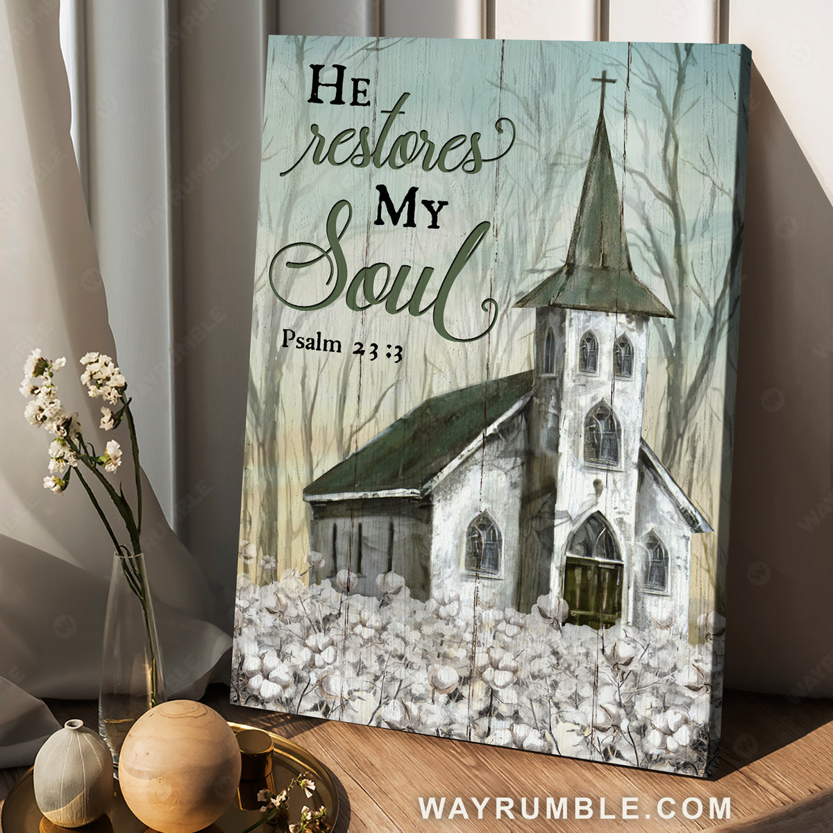 White church, Cotton flowers, Bare trees, He restores my soul - Jesus Portrait Canvas Prints, Christian Wall Art