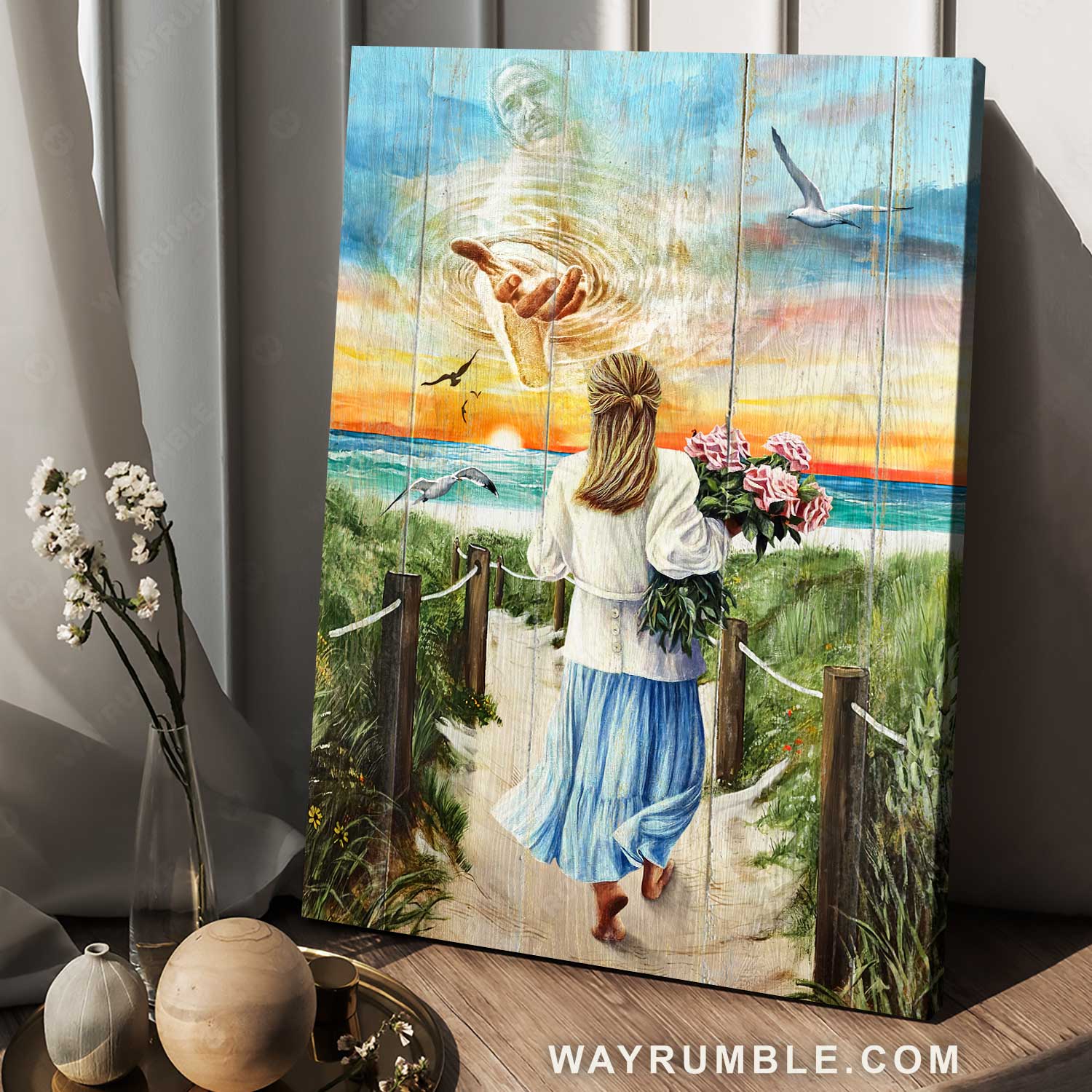 Jesus hand, Beautiful girl painting, Sunset on the beach - Jesus Portrait Canvas Prints, Christian Wall Art 