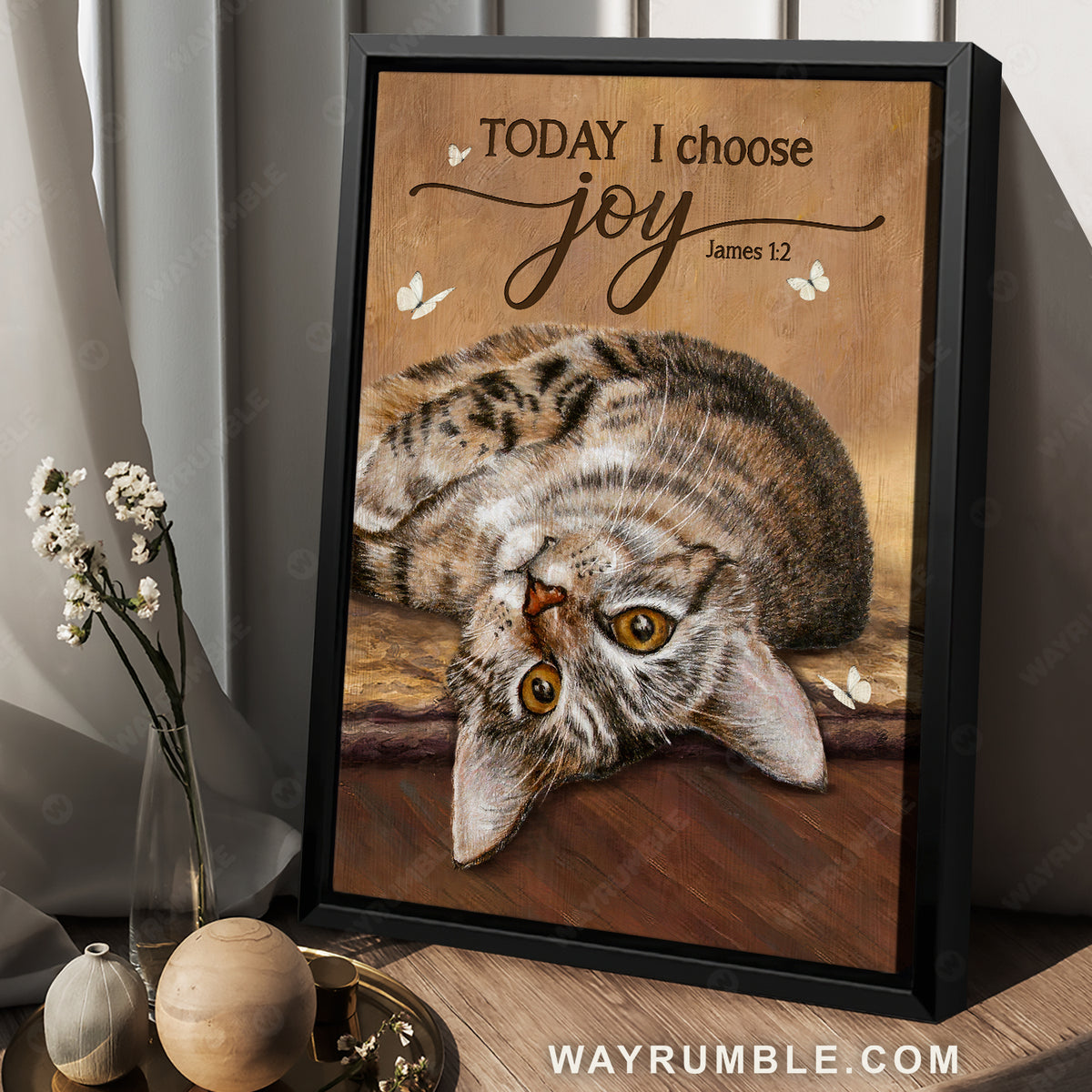 Cat painting, Cute cat, White butterfly, Today I choose joy - Jesus Portrait Canvas Prints, Home Decor Wall Art
