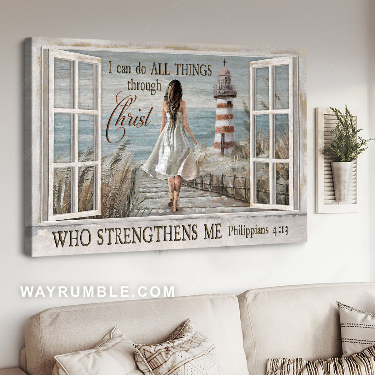 Beautiful girl, Reeds field, Downward stairs, Lighthouse, I can do - Jesus Landscape Canvas Prints, Christian Wall Art