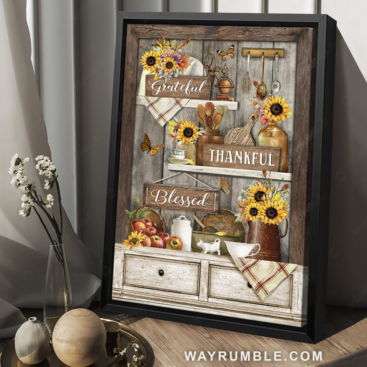 Colorful kitchen, Sunflower drawing, Apple, Grateful, Thankful, Blessed - Jesus Portrait Canvas Prints, Christian Wall Art