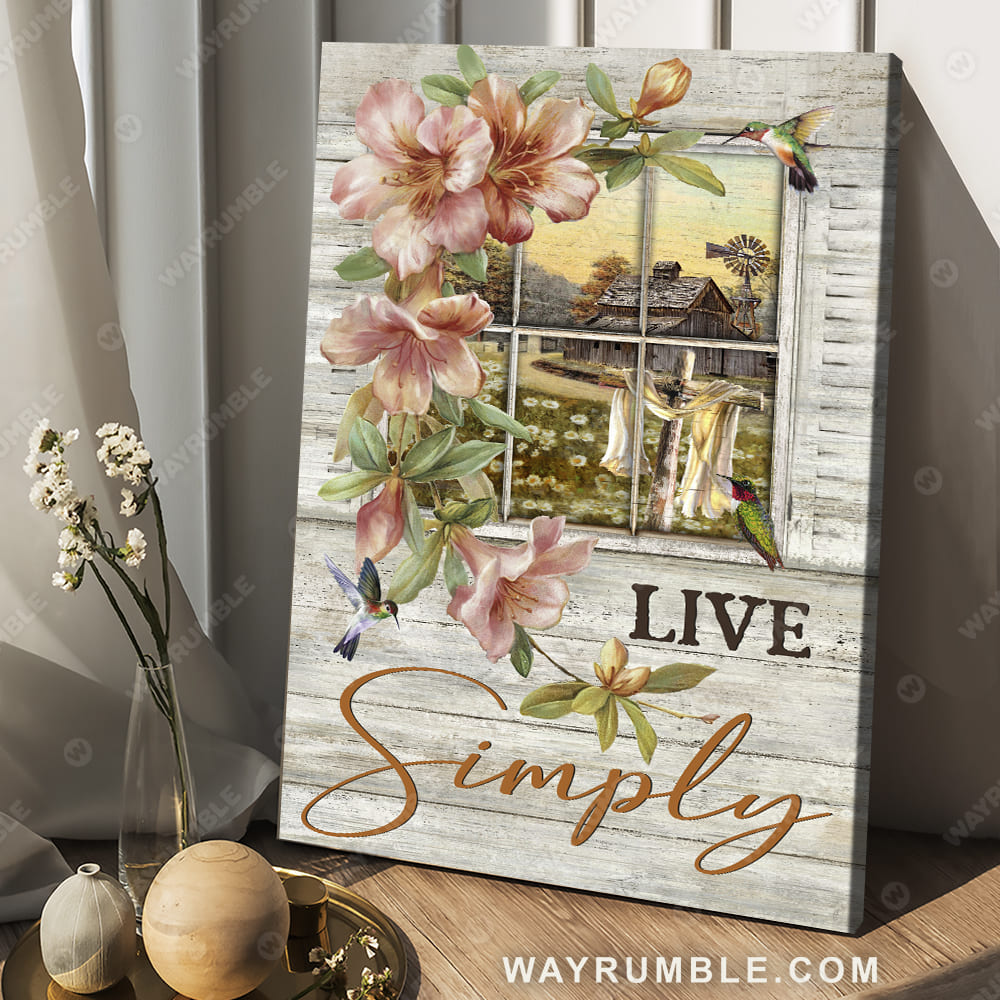 Pink lily flower, Small window, Countryside painting, Hummingbird, Live simply - Jesus Portrait Canvas Prints, Wall Art