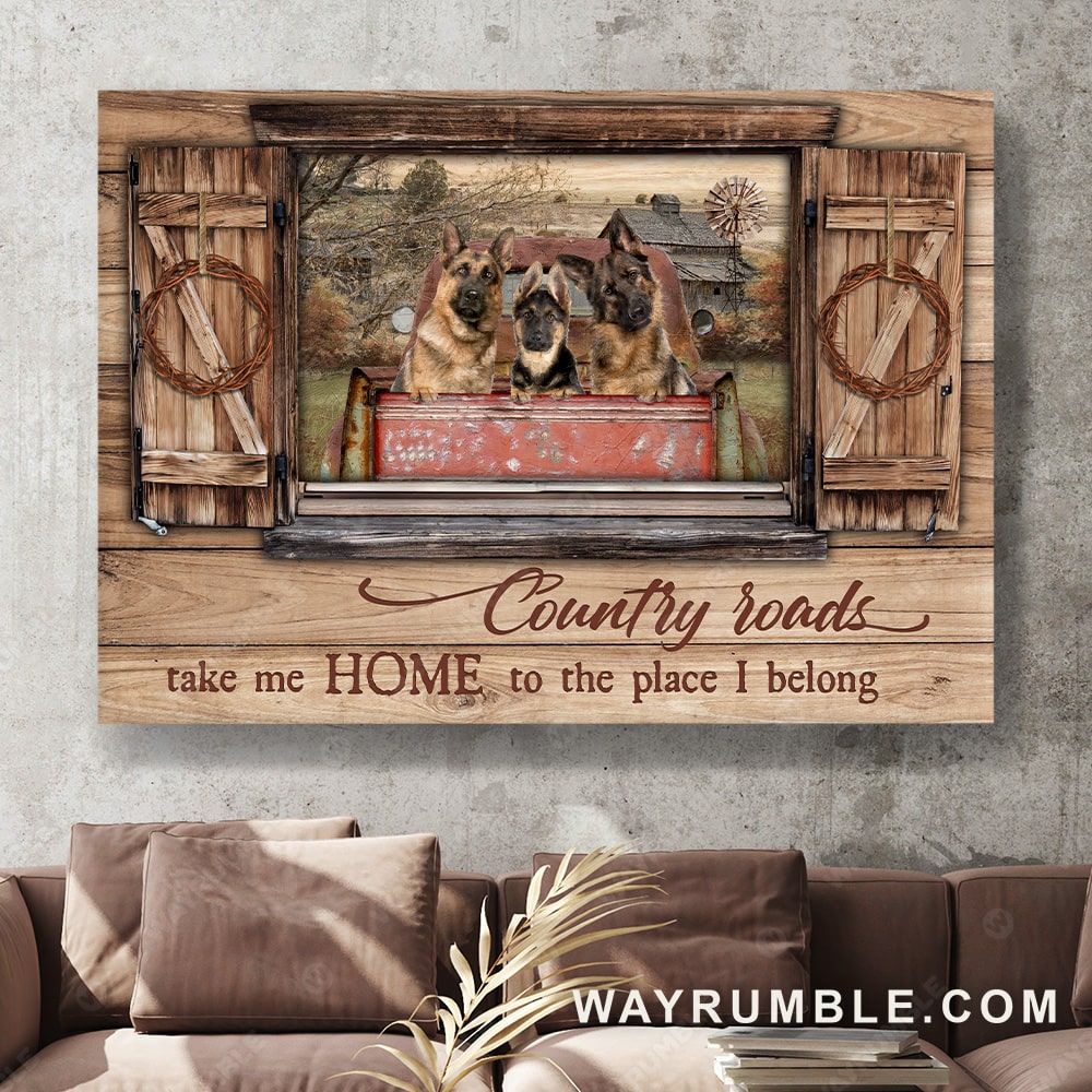 German shepherd drawing, Wooden window, Comeback home, Country roads take me home - Jesus Landscape Canvas Prints, Christian Wall Art