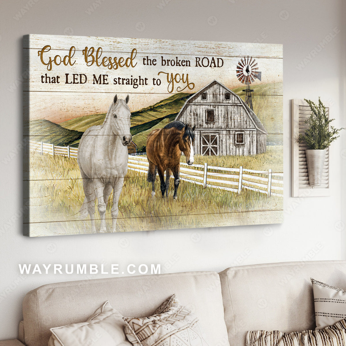 Green meadow scene, Beautiful horse, God blessed the broken road - Jesus Landscape Canvas Prints, Home Decor Wall Art