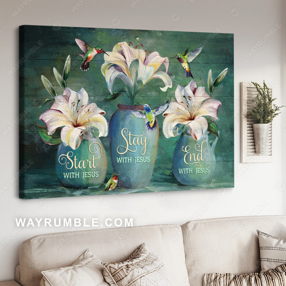 Lily flower drawing, Blue ceramic vase, Hummingbird, Start with Jesus - Jesus Landscape Canvas Prints, Christian Wall Art