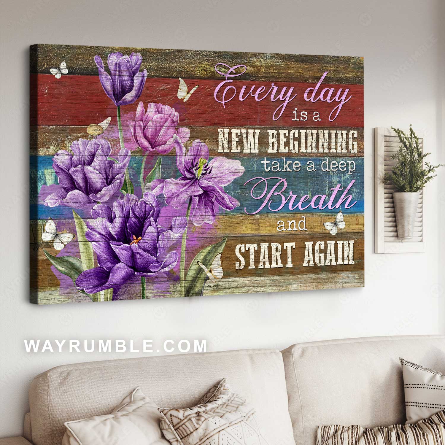 Purple flower drawing, Butterfly painting, Every day is a new beginning - Jesus Landscape Canvas Prints, Christian Wall Art