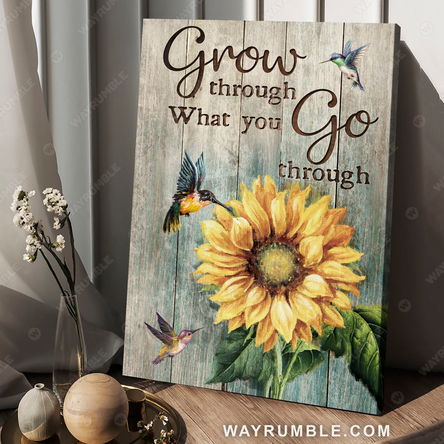 Sunflower painting, Hummingbird, Vintage picture, Grow through what you go through - Jesus Portrait Canvas Prints, Christian Wall Art