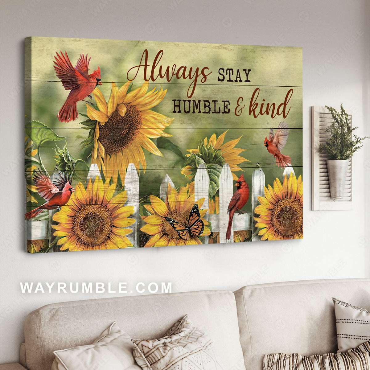 Sunflower garden, Red cardinal, Always stay humble and kind- Jesus Landscape Canvas Prints, Christian Wall Art