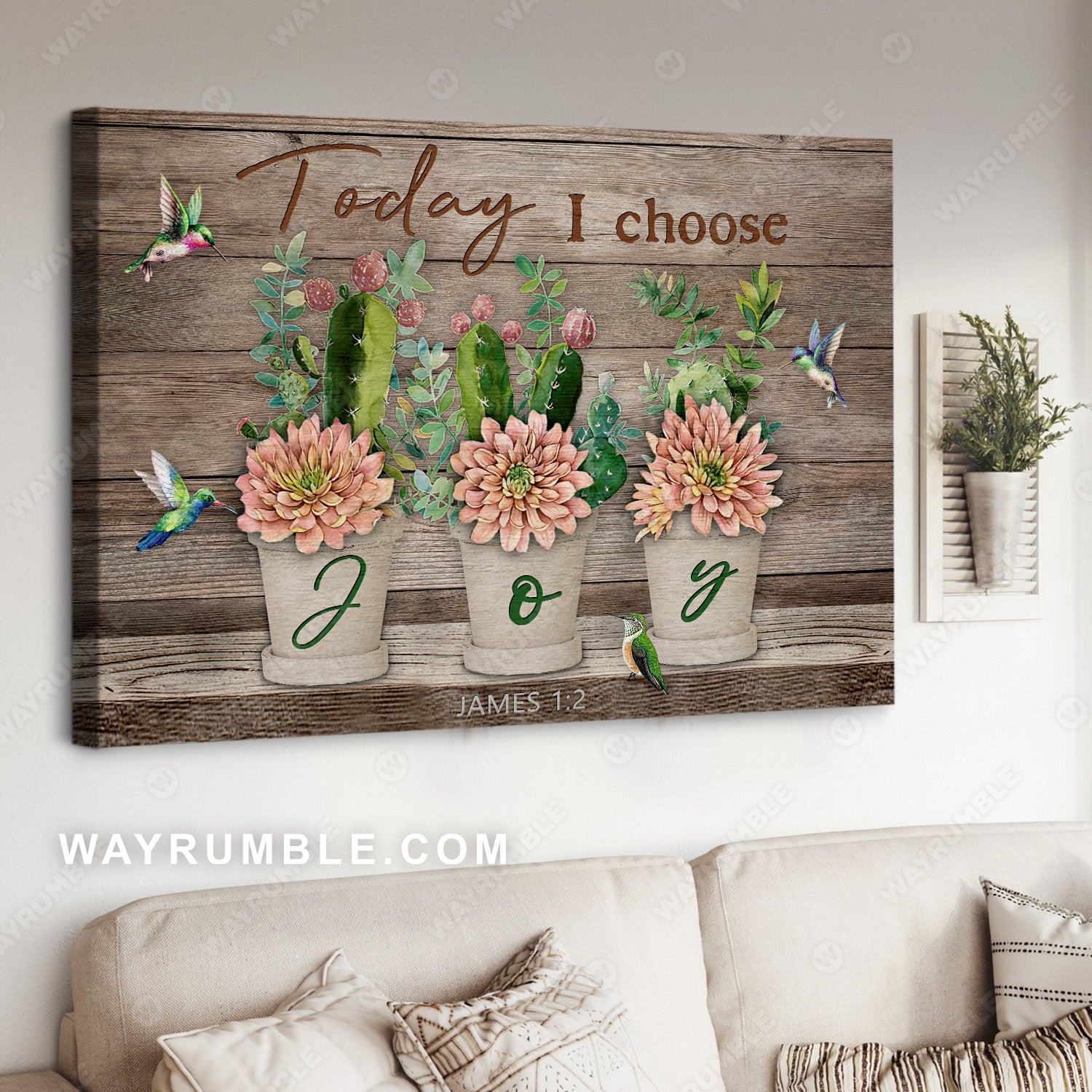 Cute cactus, Pink flower, Colorful hummingbird, Today I choose joy - Jesus Landscape Canvas Prints, Christian Wall Art