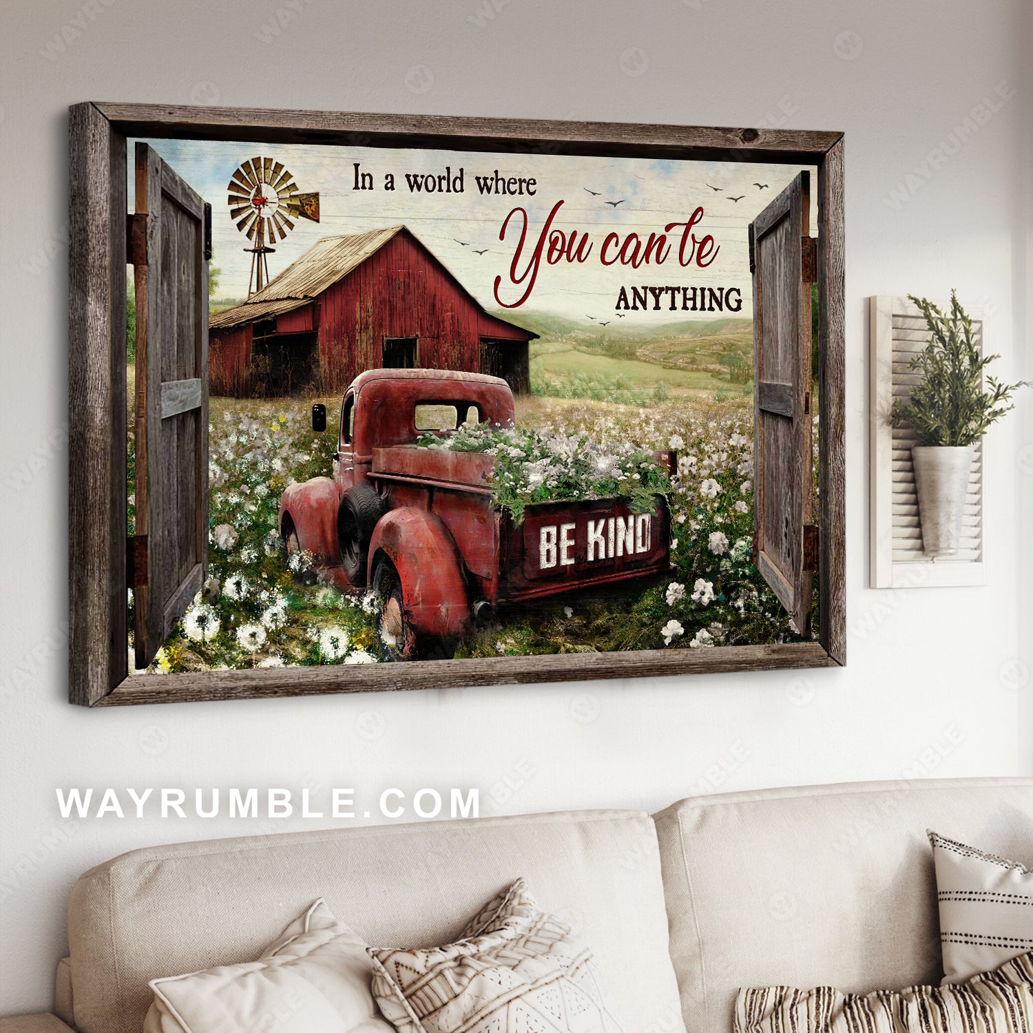 Big dandelion field, Antique ladybug car, In a world where you can be anything - Jesus Landscape Canvas Prints, Christian Wall Art
