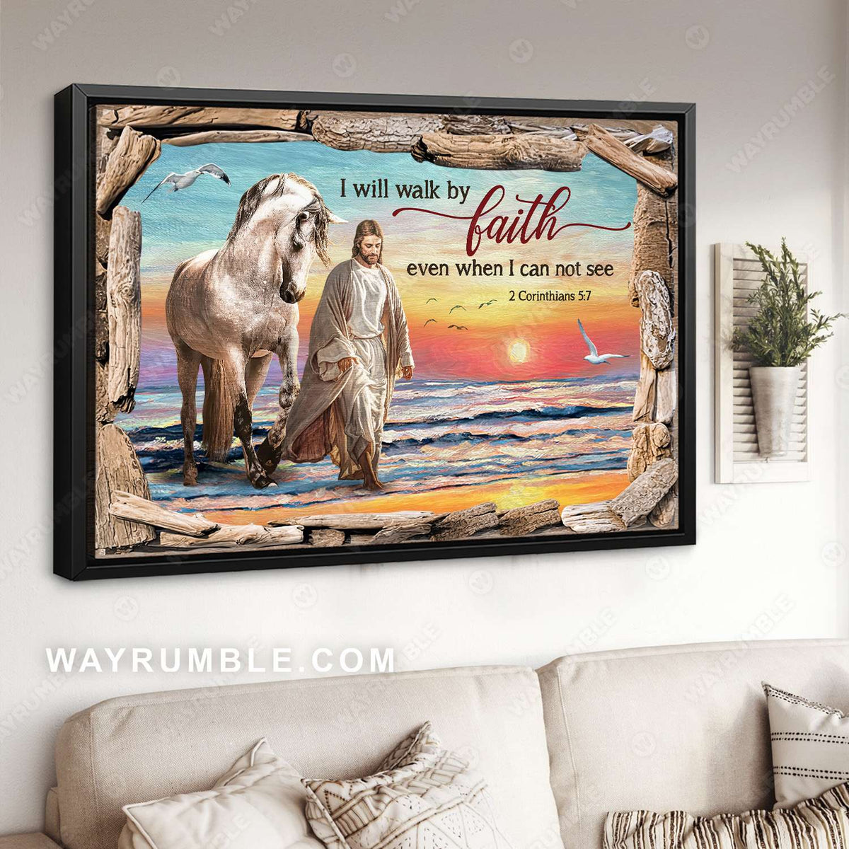 Walking with Jesus, White horse, Beautiful beach, I will walk by faith - Jesus Landscape Canvas Prints, Christian Wall Art