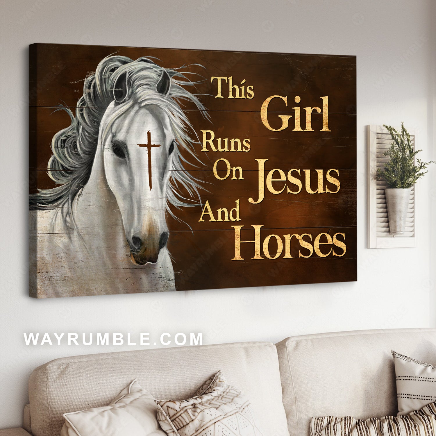White horse painting, Cross symbol, Dark orange background, This girl runs on Jesus - Jesus Landscape Canvas Prints, Christian Wall Art