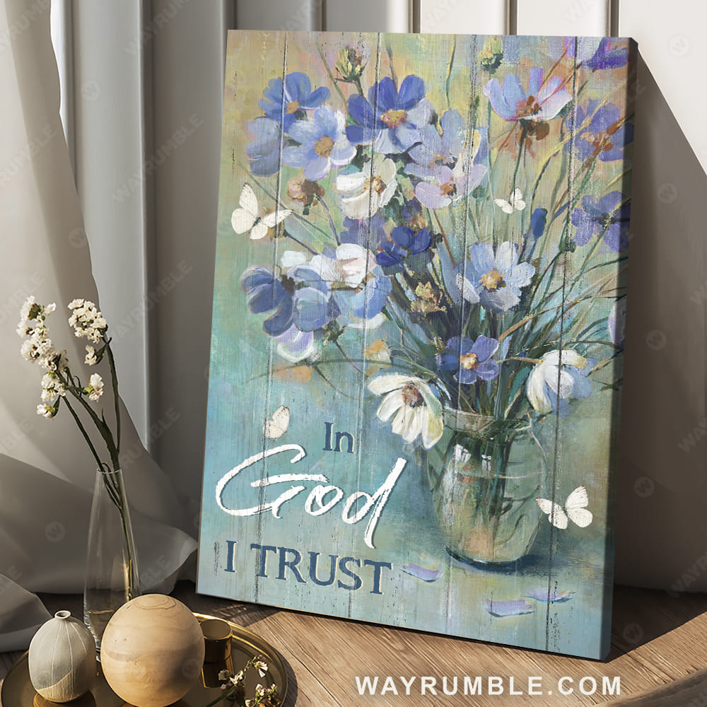 Blue delicate flower, White butterfly, Still life painting, In God I trust - Jesus Portrait Canvas Prints, Christian Wall Art