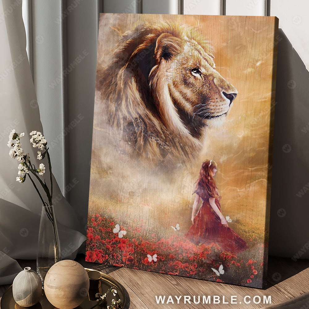 Lion of Judah, Beautiful girl drawing, Among the flower field, A peaceful place - Jesus Portrait Canvas Prints, Christian Wall Art