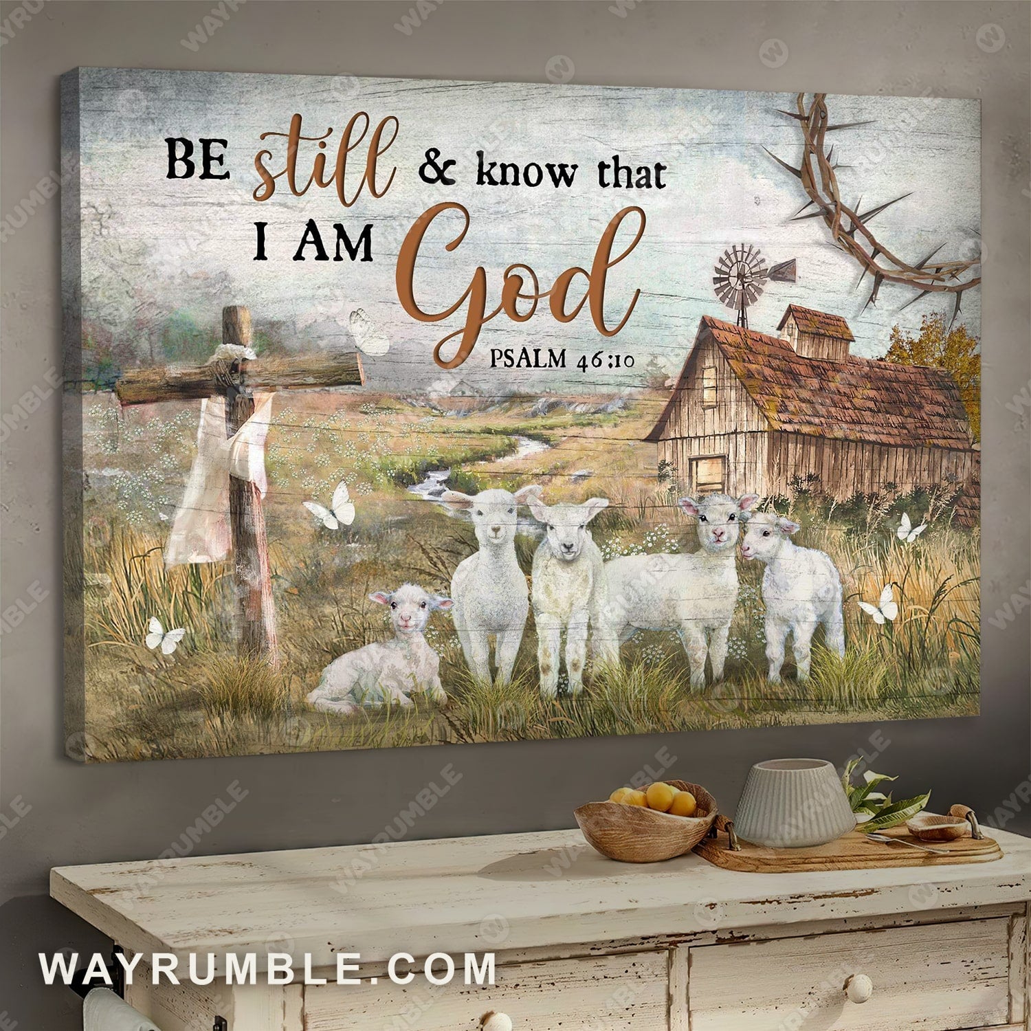 Lambs painting, Old farmhouse, Be still and know that I am God - Countryside Painting, Jesus Landscape Canvas Prints, Wall Art